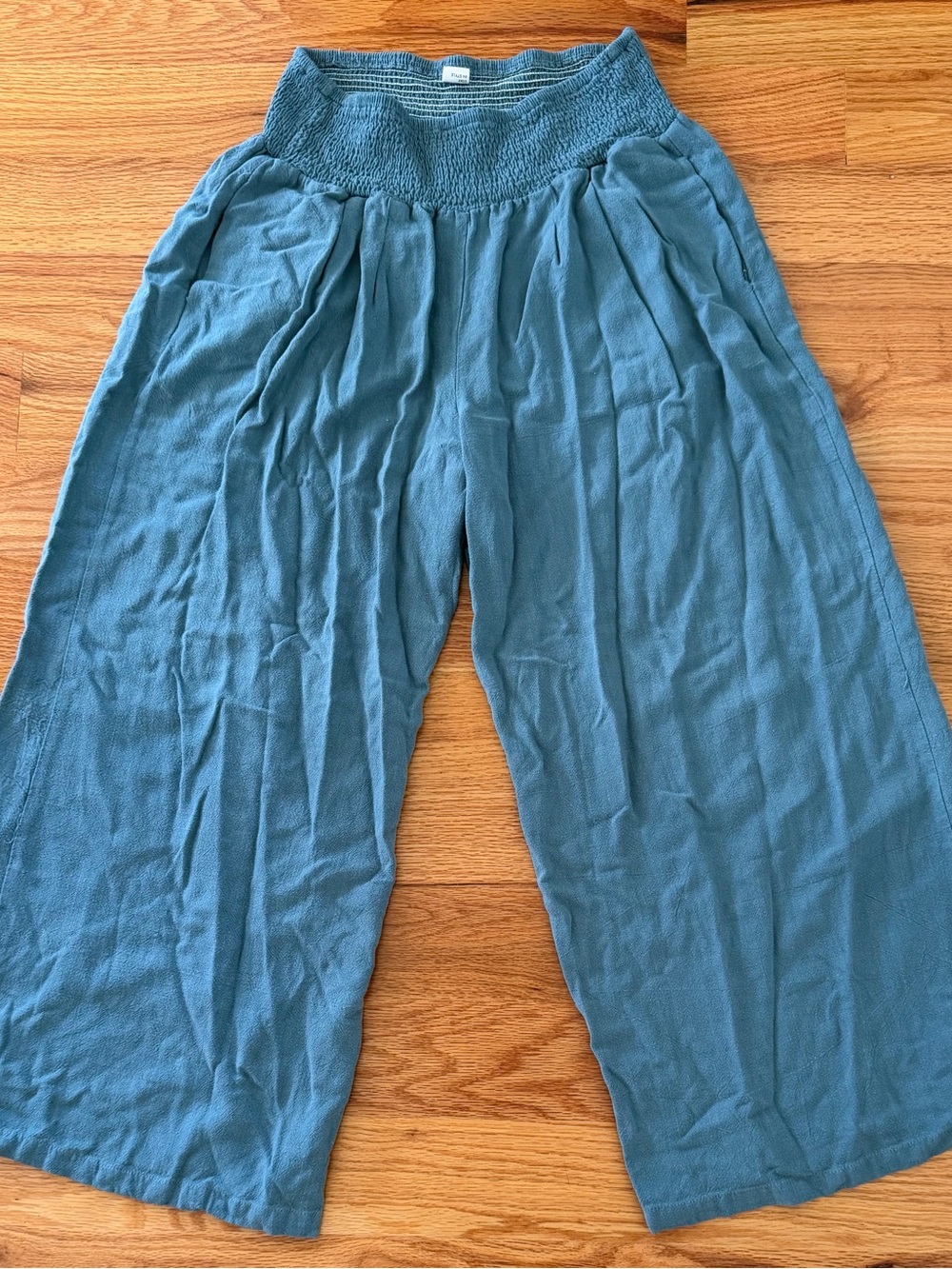 Anrabess Palazzo Cropped Pants Women’s Medium Green Blue Elastic Waist Wide Leg